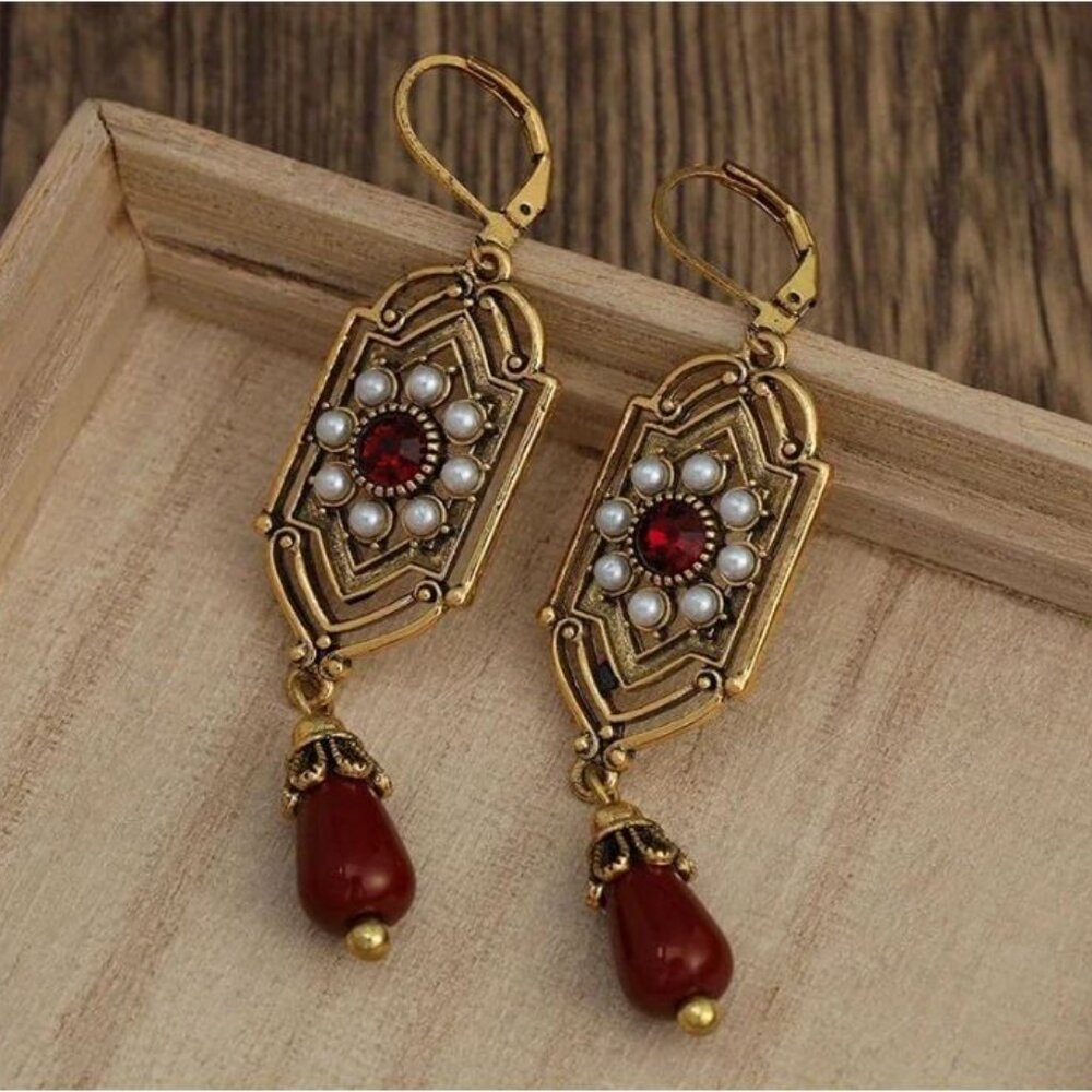 NEW Anastasia Edwardian Antique Gold and Red Seed Pearl Drop Earrings - Picture 2 of 5